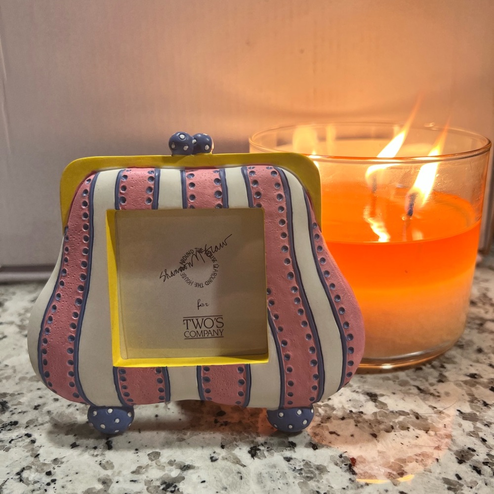 Purse Shaped Frame 2x2” Pink, Purple, and White Stripes Two’s Company